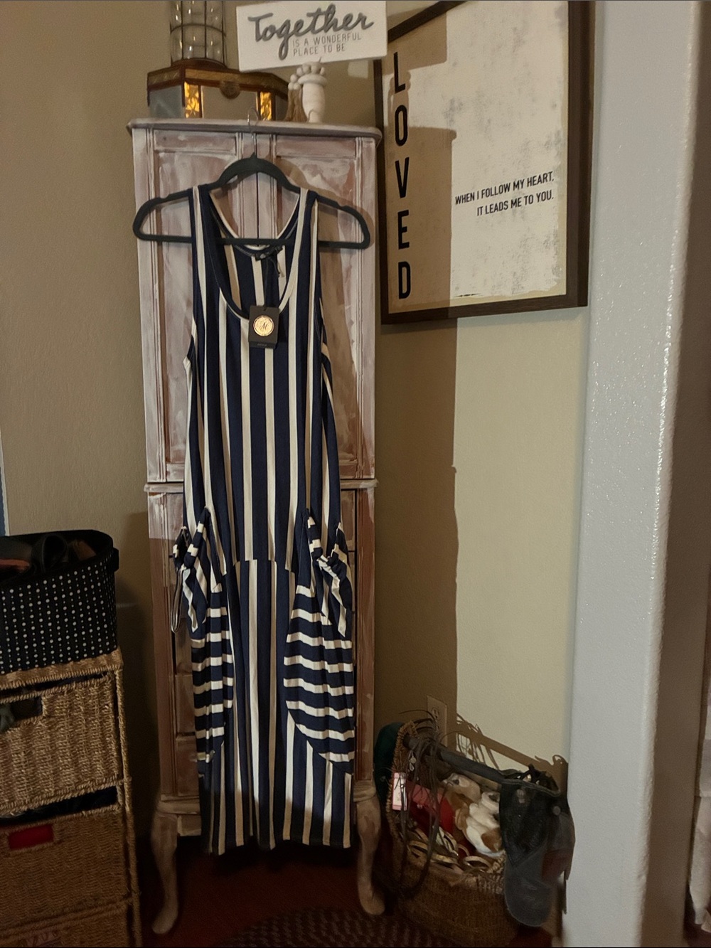 Navy and White Vertical Stripe Sleeveless Dress